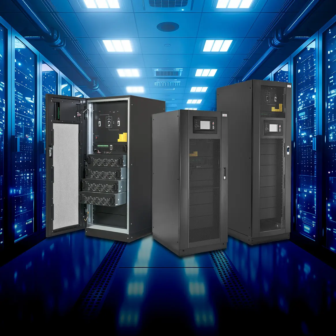 Grupo de nobreaks modulares para diversas aplicações sobre fundo de data center.