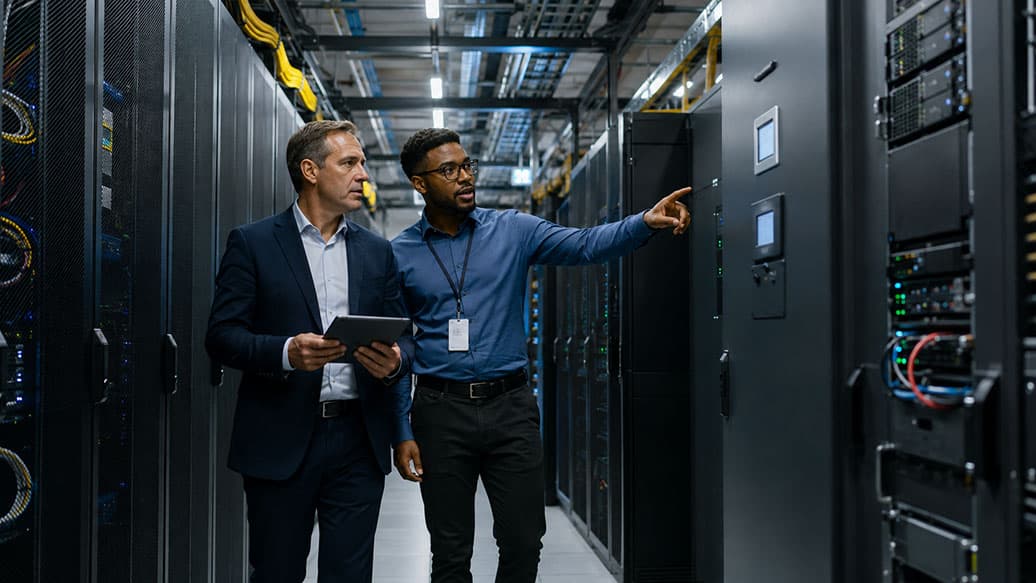 Profissionais em um corredor de data center